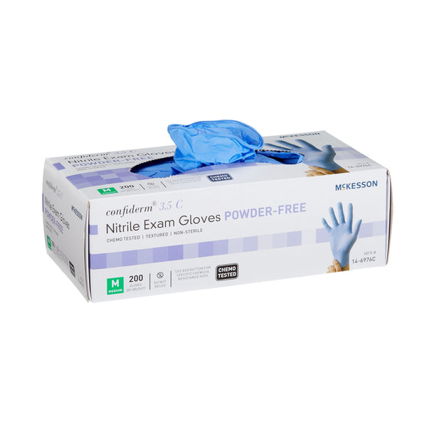 McKesson Confiderm® 3.5C NonSterile, Nitrile, Standard Cuff Length, Textured Fingertips, Blue Chemo Tested Examination Gloves